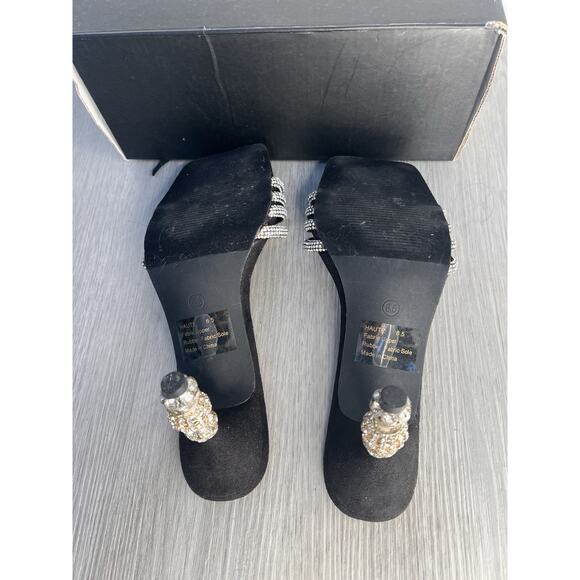 Fashion Nova Black Square Toe suede Mules With Rhinestone Straps And Sphere Heel - Picture 6 of 10